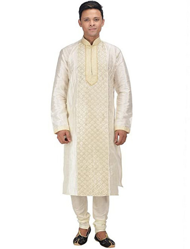 Men's Kurta Pajama Set - 100% Cotton Silk, Full Sleeve Ivory White With Embroidery And Stone Work | Elegant Design With Mandarin Collar And Two Pockets, Perfect For All Occasions