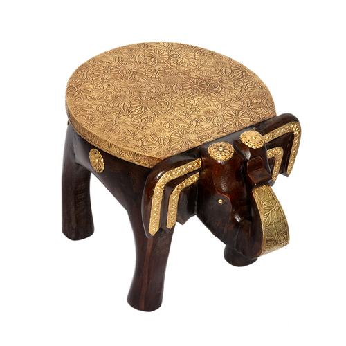Brown Antique Home Decoration Handmade Wooden Brass Fitted Elephant Stool