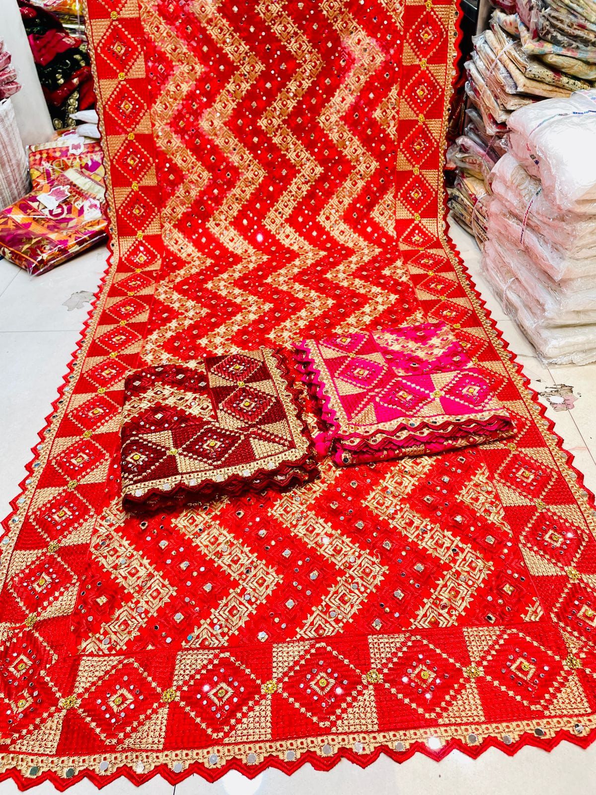 Phulkari Dupatta Zig Zag Design with Border Size -2.35 mtr Chinon Base