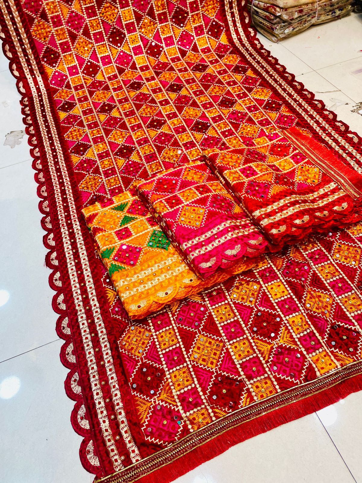 Phulkari Dupatta Size -2.35mtr Machine work Heavy design Chinon base