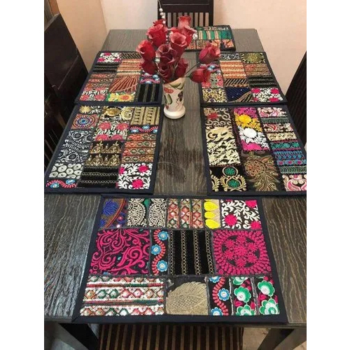 Patchwork Table Mate Embroidery Table Placemat - Cotton Twill, 12x18 Inches, Multicolor Design | Intricate Embroidery For Home & Hotel Use