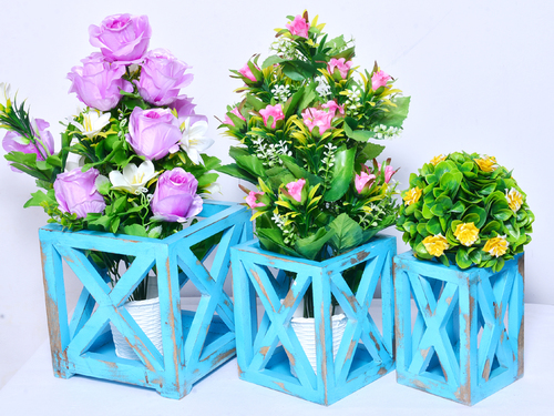 Indian Handmade Wooden Rustic Painted Risers Home Decorative Flower Pot - Material: Wood