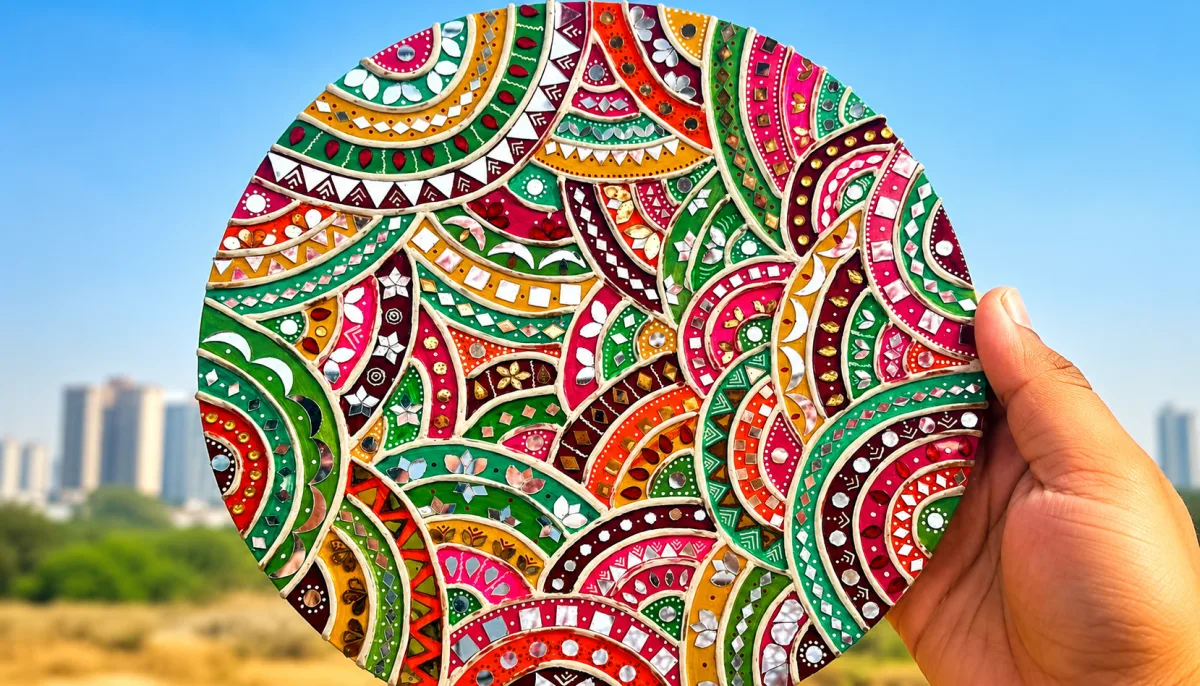 Contemporary abstract Lippan artwork using layered arches, mirrors and earthy tones. Peacock Panel